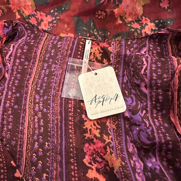 Free People Magic Hour Sheer Floral Wrap Tunic Top Red Pink Combo Size XS - Picture 6 of 10